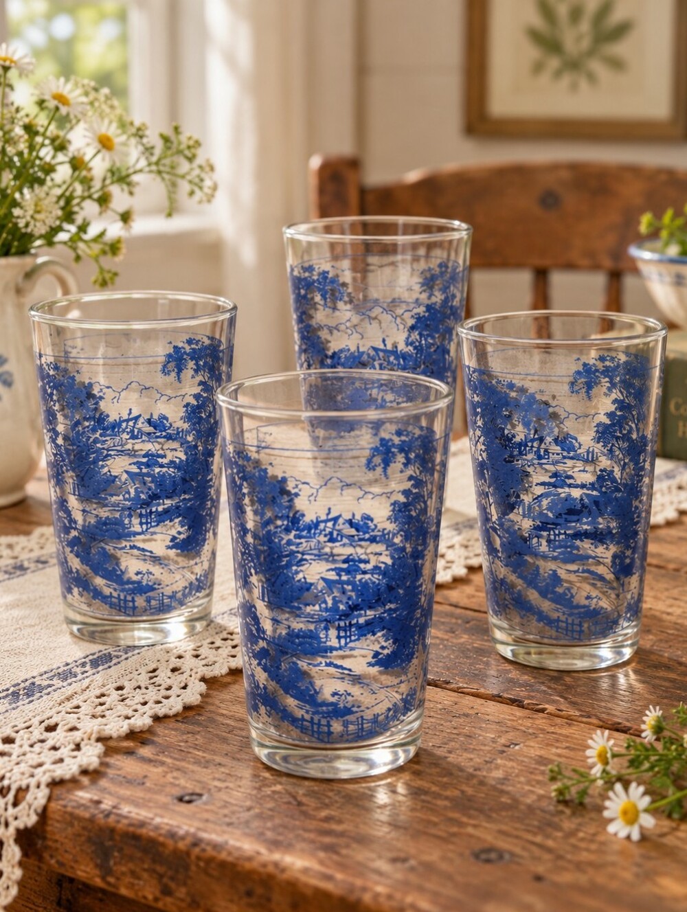 Vintage Glasses Meadowsweet Blue & White Cottagecore Set Of 4